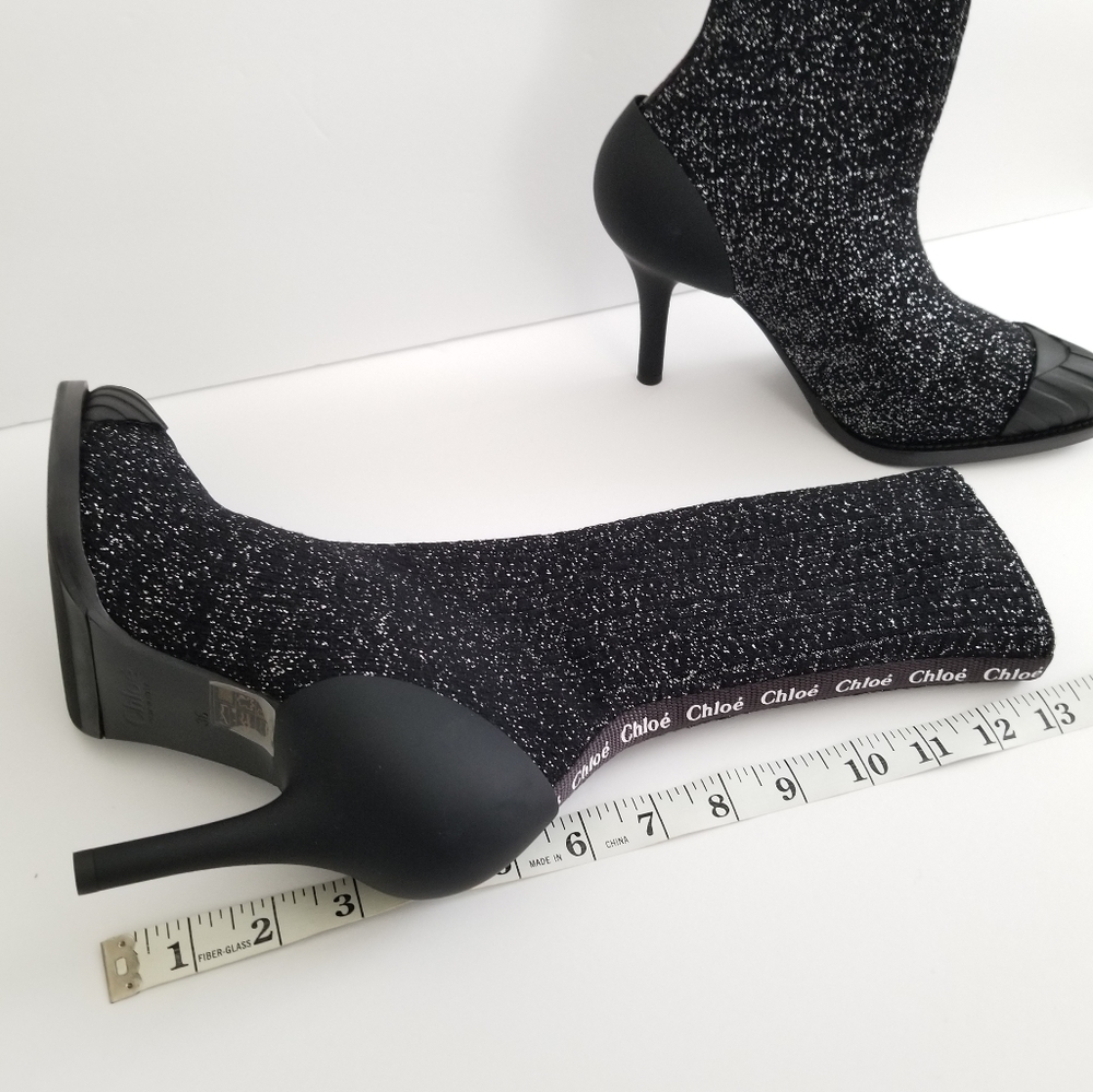 Chloe Lurex Knitted High Heel Elastic Sock Ankle Boots Size 36 Black Sil… - Picture 12 of 14